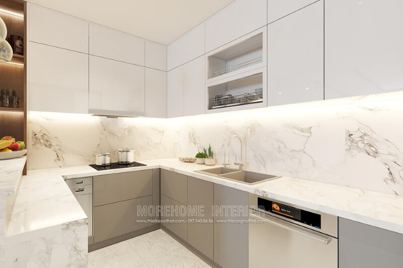 Hệ thống tủ bếp màu trắng, phân tách nhiều ngăn lớn nhỏ đáp ứng nhu cầu sắp xếp đồ nội thất Tủ bếp gỗ công nghiệp và tủ bếp acrylic