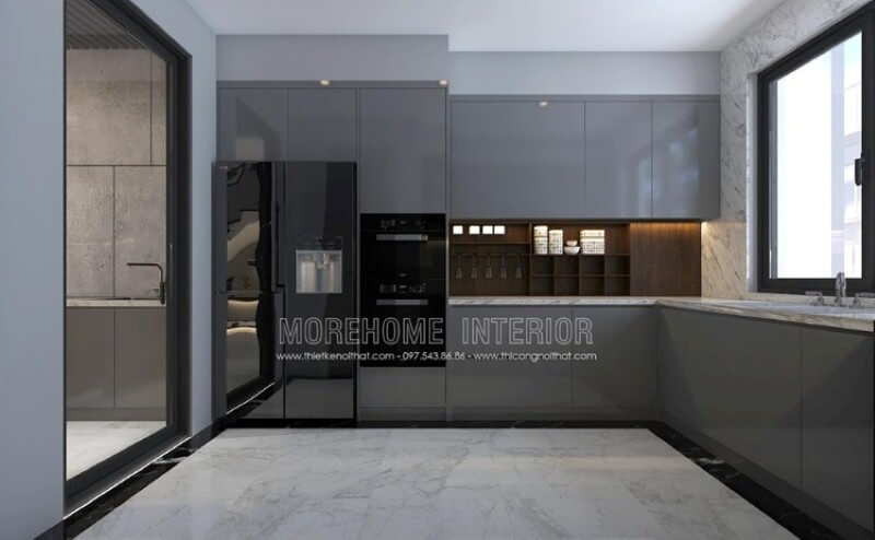 Mẫu tủ bếp gỗ công nghiệp acrylic màu xám đẹp mắt trong bố trí nội thất phòng bếp hiện đại sẽ là lựa chọn khá phù hợp với các không gian như chung cư, biệt thự, nhà phố. Mẫu tủ bếp chung cư acrylic