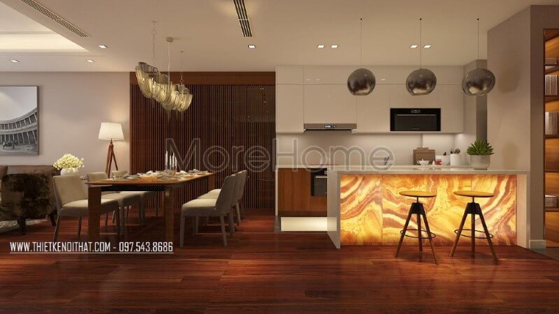 Thiết kế nội thất phòng bếp chung cư nhỏ gọn không quá phô trương về diện tích với đầy đủ các vật dụng cần thiết cho một căn bếp hiện đại. Thiết kế phòng bếp đẹp