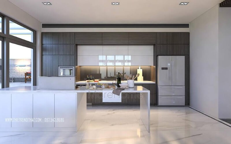 Tủ bếp đẹp, sang trọng từ gỗ công nghiệp An Cường cùng đá ốp nhân tạo cao cấp đã tạo nên vẻ đẹp hiện đại, độc đáo cho phòng bếp. Tủ bếp đẹp, sang trọng và đẳng cấp