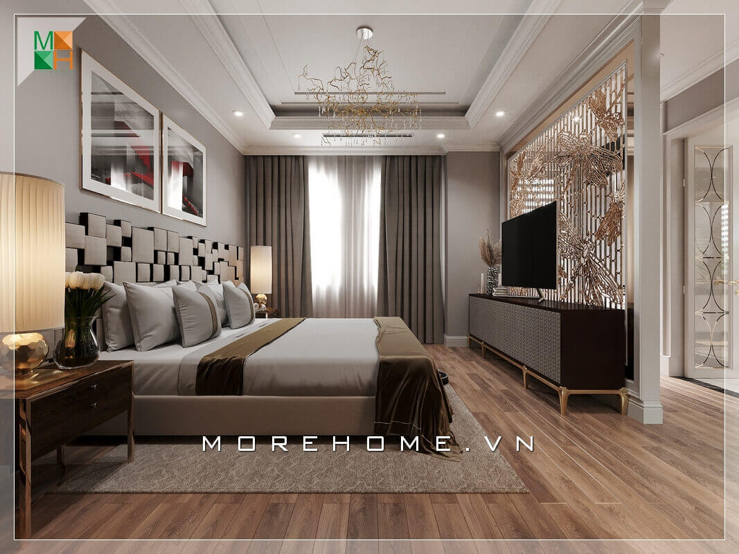 Chiêm ngưỡng mẫu giường ngủ khung gỗ bọc nệm đầu giường rất độc đáo và hiện đại. Thiết kế phòng ngủ biệt thự