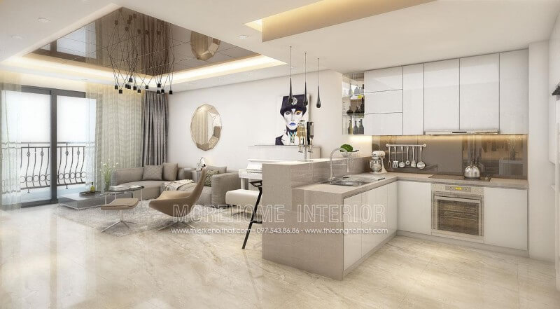 Ở căn hộ chung cư nhỏ này, KTS đã giới thiệu tói gia chủ mẫu tủ bếp gỗ công nghiệp tận dụng được tối đa mọi góc khuất của căn phòng, tạo cảm giác thoáng đãng và rộng rãi hơn Tủ bếp đẹp