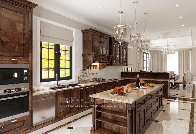 Tủ bếp gỗ óc chó tân cổ điển được thiết kế từ chất liệu gỗ tự nhiên nhập khẩu dành riêng cho biệt thự, chung cư cao cấp Thiết kế phòng bếp, tủ bếp đẹp