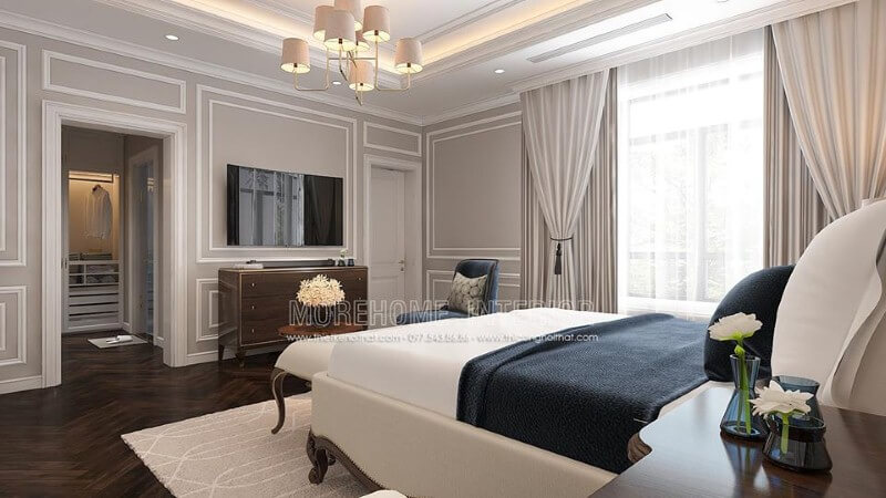 Bố trí nội thất phòng ngủ vợ chồng tân cổ điển sử dụng tone trắng chủ đạo sẽ là lựa chọn ấn tượng cho gia chủ mệnh Kim. Mẫu nội thất biệt thự đẹp