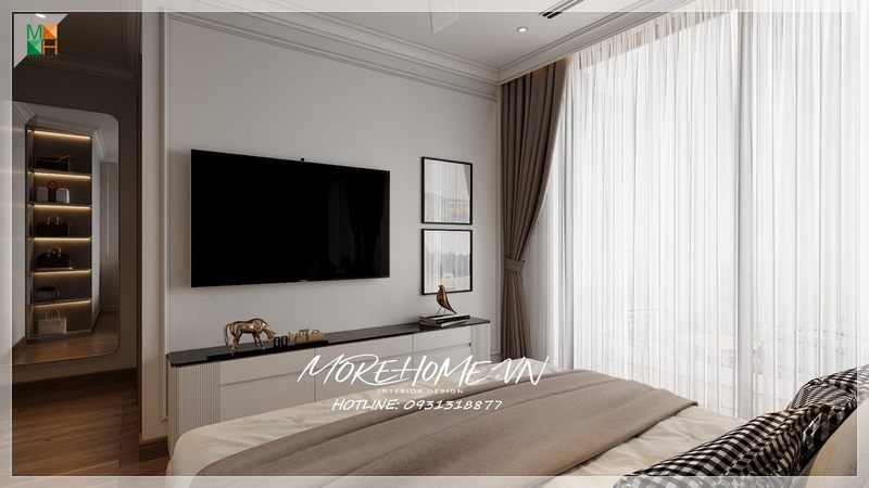 Kệ tivi bằng gỗ công nghiệp với mặt bàn đá màu đen đã mang tới phòng ngủ hiện đại.