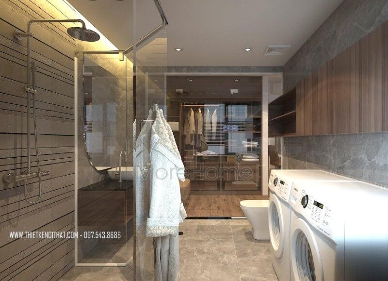 Nội thất phòng tắm biệt thự sang trọng, sạch sẽ. Các vật liệu nhẹ như kính cường lực, gương, hay đơn giản là các chi tiết mở rộng như thiết kế kết hợp tủ và kệ giúp tiết kiệm đáng kể diện tích sử dụng