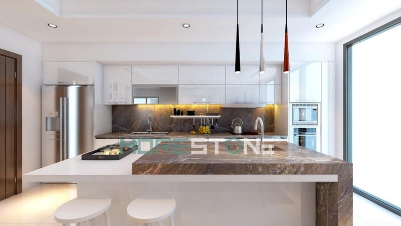 Xu hướng mới gia chủ sử dụng đồng bộ mặt bếp và tường bếp bằng ốp đá để tăng tính thẩm mỹ, hợp vệ sinh trong thi công bếp