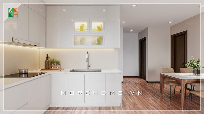 Morehome gợi ý cho bạn mẫu thiết kế nội thất phòng bếp hiện đại liền phòng ăn đẹp, đơn giản phù hợp cho không gian chung cư có diện tích hạn chế.
