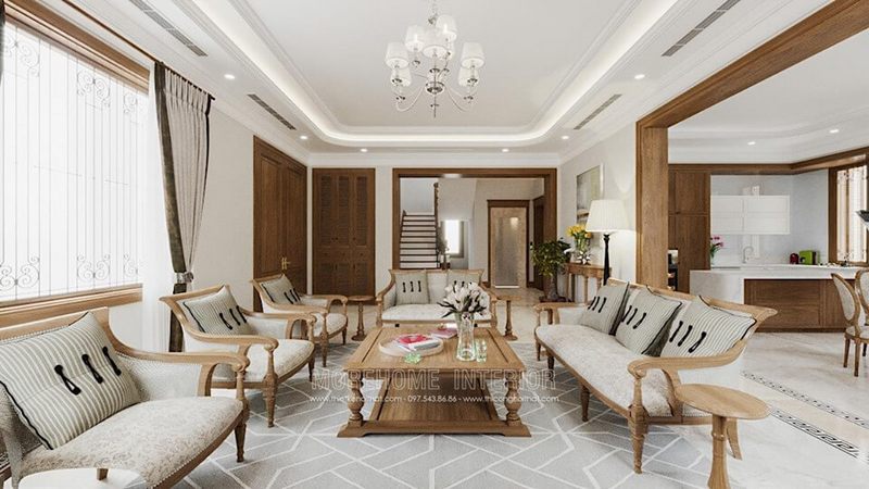 Morehome đem đến cho khách hàng mẫu thiết kế nội thất phòng khách cao cấp với chất liệu gỗ tự nhiên màu sắc nhẹ nhàng, tinh tế