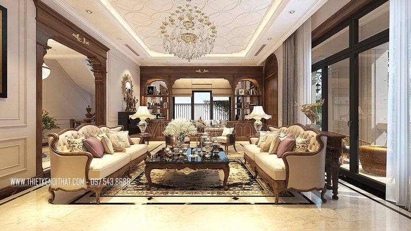 Bộ bàn ghế sofa gỗ óc chó bọc da tân cổ điển đẳng cấp ở biệt thự Vinhomes Greenbay Hà Nội