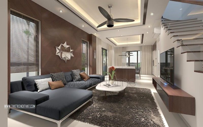 Thiết kế sofa phòng khách biệt thự hiện đại, đơn giản, tone màu ghi tối kết hợp hài hòa với sắc nâu ấm áp và tone màu nền trắng tinh tế