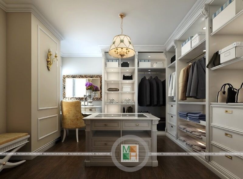 Mẫu tủ quần áo kết hợp với kệtrang trí với nguyên liệu gỗ tự nhiên cao cấp với nước sơn màu trắng mịn mang đến vẻ đẹp sang trọng, đẳng cấp cho căn phòng