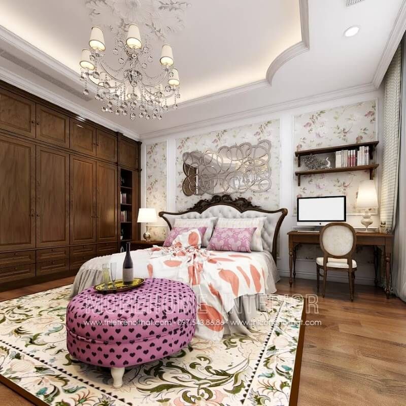 Tủ quần áo gỗ óc chó tân cổ điển được thiết kế đẹp để trang trí phòng ngủ.